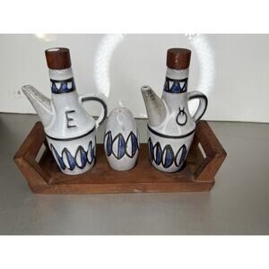 Vintage Ceramano Stoneware Oil Vinegar Set With Shaker & Stand West Germany